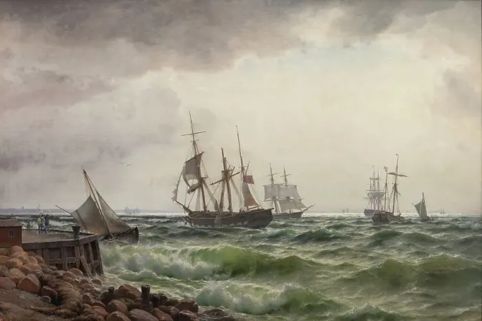 Framed Print : Ships under land after a storm, 1867. Creator: Carl Neumann Framed Print : Ships under land after a storm, 1867. Creator: Carl Neumann