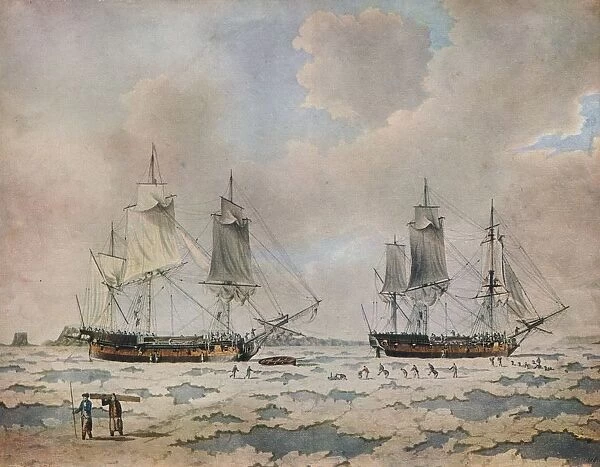 The ships of Lord Mulgraves expedition of discovery embedded in ice in the Polar Regions, 1774. Artist: John Cleveley the Younger