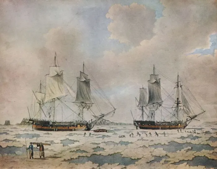 Framed Print : The ships of Lord Mulgraves expedition of discovery embedded in ice in the Polar Regions, 1774. Artist: John Cleveley the Younger