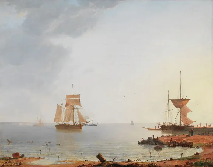 Framed Print : Ships Off the Coast of Zealand, Morning, 1845. Creator: Emanuel Larsen Framed Print : Ships Off the Coast of Zealand, Morning, 1845. Creator: Emanuel Larsen