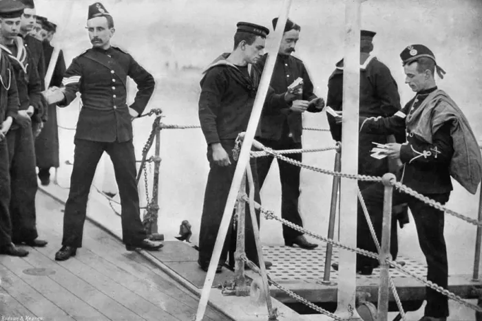 Framed Print : The ships postman coming on board, 1896. Artist: Gregory & Co Framed Print : The ships postman coming on board, 1896. Artist: Gregory & Co