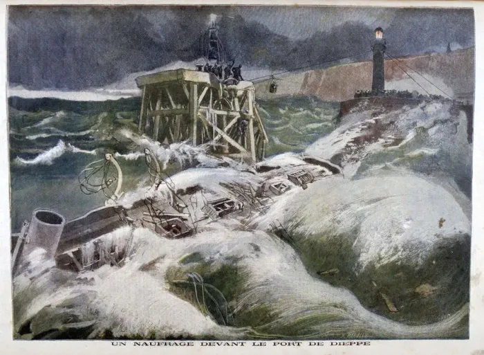 Framed Print : A shipwreck in front of the port of Dieppe, 1899. Artist: F Meaulle Framed Print : A shipwreck in front of the port of Dieppe, 1899. Artist: F Meaulle