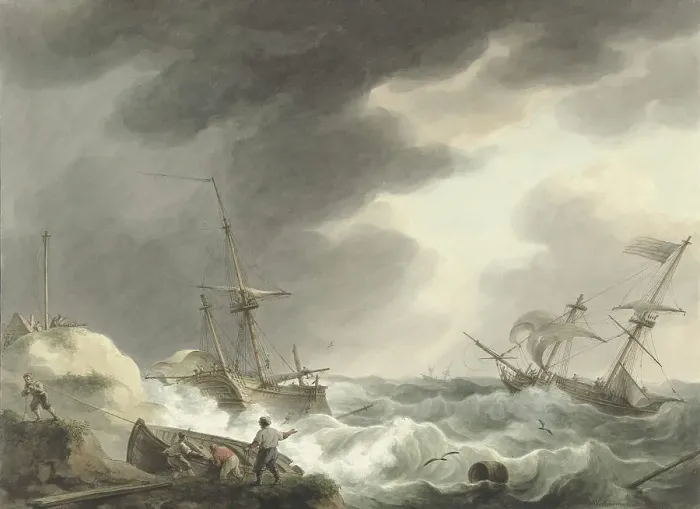 Framed Print : Shipwreck of two ships, one of which is under American flag, on a dune coast, 1780-1848. Creator: Martinus Schouman Framed Print : Shipwreck of two ships, one of which is under American flag, on a dune coast, 1780-1848. Creator: Martinus Schouman