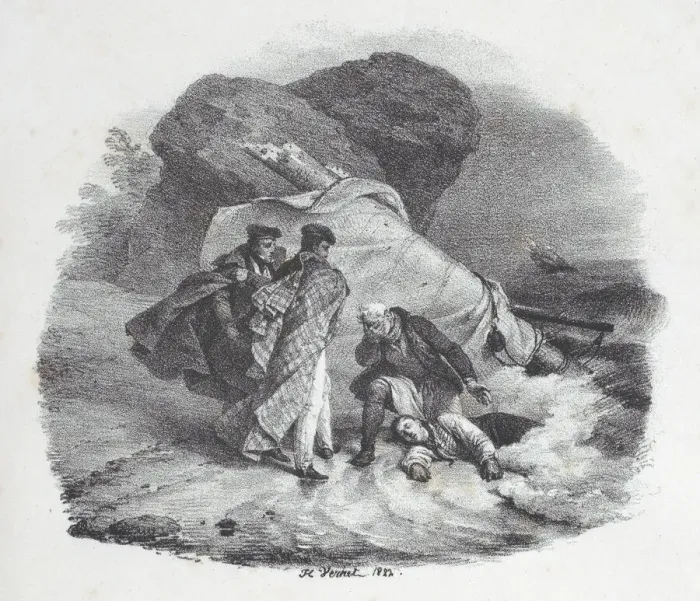 Framed Print : Shipwrecked Victim Thrown onto the Shore of Pourville, 1822. Creator: Emile Jean-Horace Vernet Framed Print : Shipwrecked Victim Thrown onto the Shore of Pourville, 1822. Creator: Emile Jean-Horace Vernet