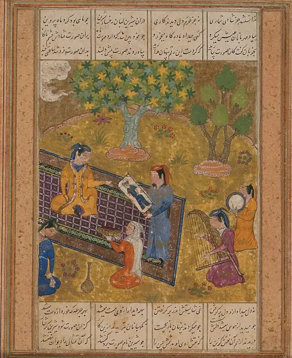 Framed Print : Shirin Sees a Portrait of Khusraw, Page from a Manuscript of the Khamsa of Nizami, Mid-15th century. Creator: Unknown Framed Print : Shirin Sees a Portrait of Khusraw, Page from a Manuscript of the Khamsa of Nizami, Mid-15th century. Creator: Unknown