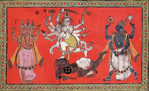 Shiva Performing the Dance of Bliss while Vishnu and Brahma Provide Musical Accompaniment, c1760. Creator: Unknown