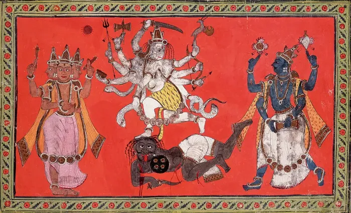 Framed Print : Shiva Performing the Dance of Bliss while Vishnu and Brahma Provide Musical Accompaniment, c1760. Creator: Unknown Framed Print : Shiva Performing the Dance of Bliss while Vishnu and Brahma Provide Musical Accompaniment, c1760. Creator: Unknown