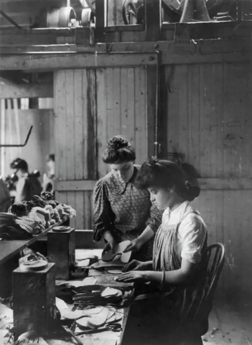 Framed Print : Shoe factories, Lynn, Mass.: 2 women working in shoe factory, (1895?). Creator: Frances Benjamin Johnston Framed Print : Shoe factories, Lynn, Mass.: 2 women working in shoe factory, (1895?). Creator: Frances Benjamin Johnston