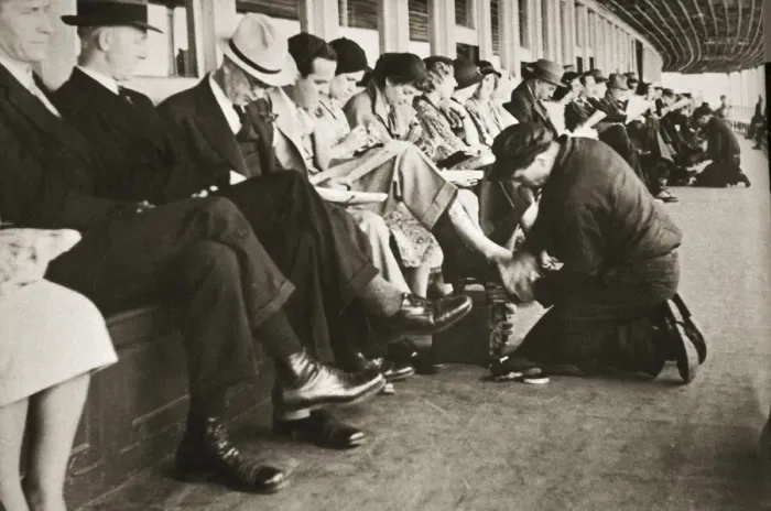 Framed Print : Shoe shiners working on board the Staten Island Ferry, New York, USA, c1920s-c1930s Framed Print : Shoe shiners working on board the Staten Island Ferry, New York, USA, c1920s-c1930s