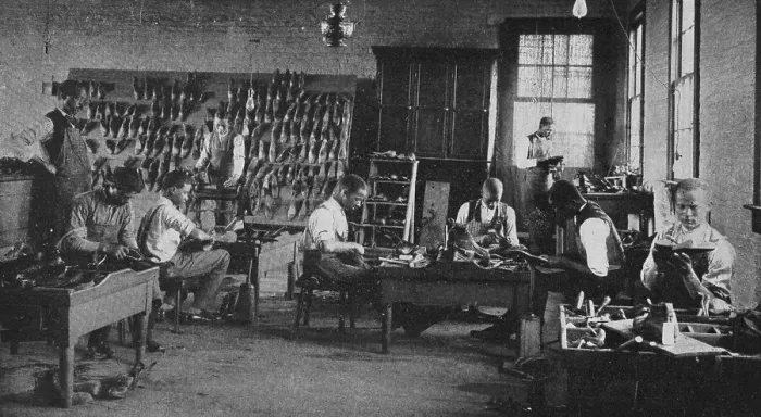 Framed Print : Shoe shop making and repairing, 1904. Creator: Frances Benjamin Johnston Framed Print : Shoe shop making and repairing, 1904. Creator: Frances Benjamin Johnston
