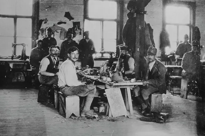 Framed Print : Shoe shop of Y.M.C.A. -- Siberian Prison Camp, between c1915 and c1920. Creator: Bain News Service Framed Print : Shoe shop of Y.M.C.A. -- Siberian Prison Camp, between c1915 and c1920. Creator: Bain News Service