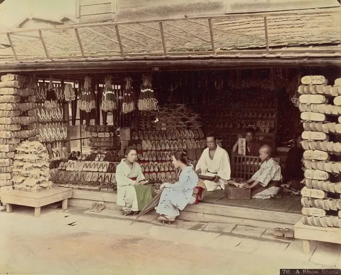 Framed Print : A Shoe Store, 1870s-1890s. Creator: Kusakabe Kimbei Framed Print : A Shoe Store, 1870s-1890s. Creator: Kusakabe Kimbei