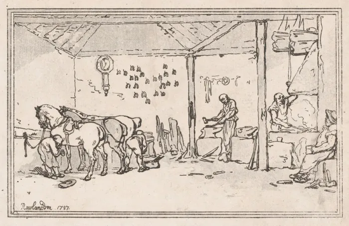 Framed Print : Shoeing: The Village Forge (A Farriers Shop), 1787. 1787. Creator: Thomas Rowlandson Framed Print : Shoeing: The Village Forge (A Farriers Shop), 1787. 1787. Creator: Thomas Rowlandson