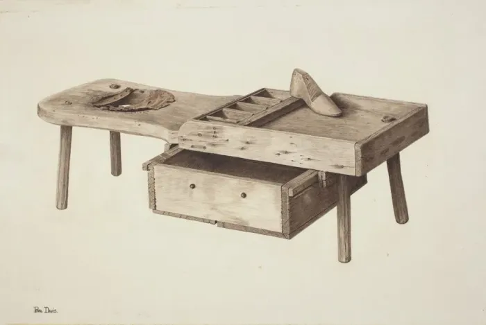 Framed Print : Shoemakers Bench, c. 1941. Creator: Pearl Davis Framed Print : Shoemakers Bench, c. 1941. Creator: Pearl Davis