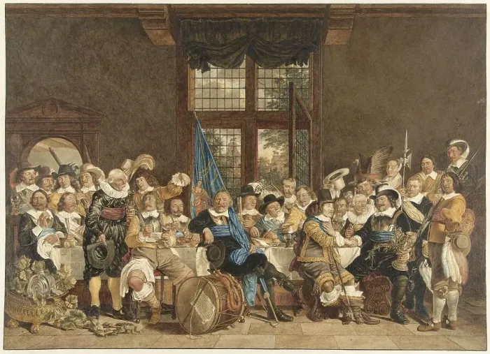 Framed Print : The shooters meal in the Voetboogdoelen in Amsterdam in celebration of the conclusion... 1779. Creator: Jacob Cats Framed Print : The shooters meal in the Voetboogdoelen in Amsterdam in celebration of the conclusion... 1779. Creator: Jacob Cats