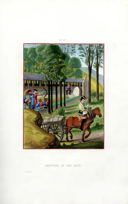 Framed Print : Shooting at the Butt, 1496, (1843). Artist: Henry Shaw Framed Print : Shooting at the Butt, 1496, (1843). Artist: Henry Shaw