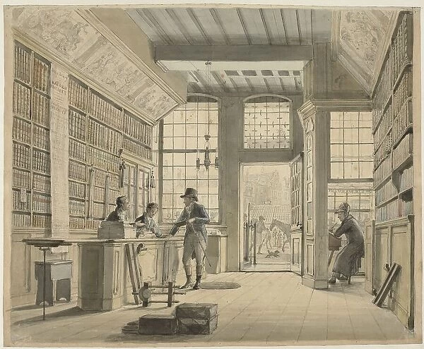 The Shop of the Bookdealer Pieter Meijer Warnars on the Vijgendam in Amsterdam, 1820 or earlier. Creator: Johannes Jelgerhuis