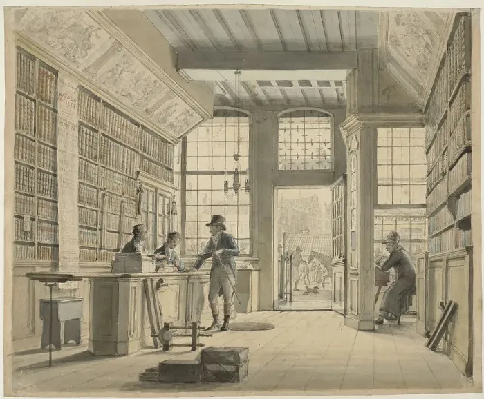 Framed Print : The Shop of the Bookdealer Pieter Meijer Warnars on the Vijgendam in Amsterdam, 1820 or earlier. Creator: Johannes Jelgerhuis Framed Print : The Shop of the Bookdealer Pieter Meijer Warnars on the Vijgendam in Amsterdam, 1820 or earlier. Creator: Johannes Jelgerhuis