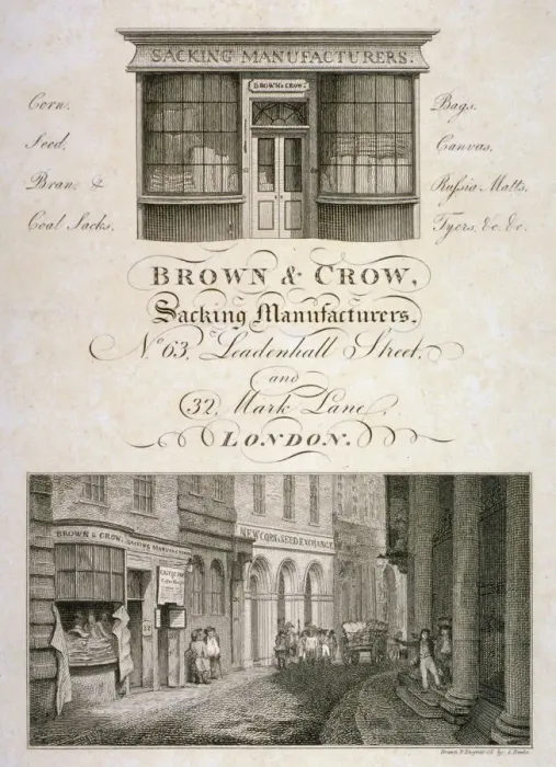 Framed Print : Shop front of Brown and Crow, sacking manufacturers, 32 Mark Lane, City of London, 1800 Framed Print : Shop front of Brown and Crow, sacking manufacturers, 32 Mark Lane, City of London, 1800
