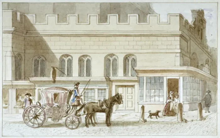 Framed Print : Shop fronts by St Dunstan-in-the-West, Fleet Street, City of London, 1820. Artist