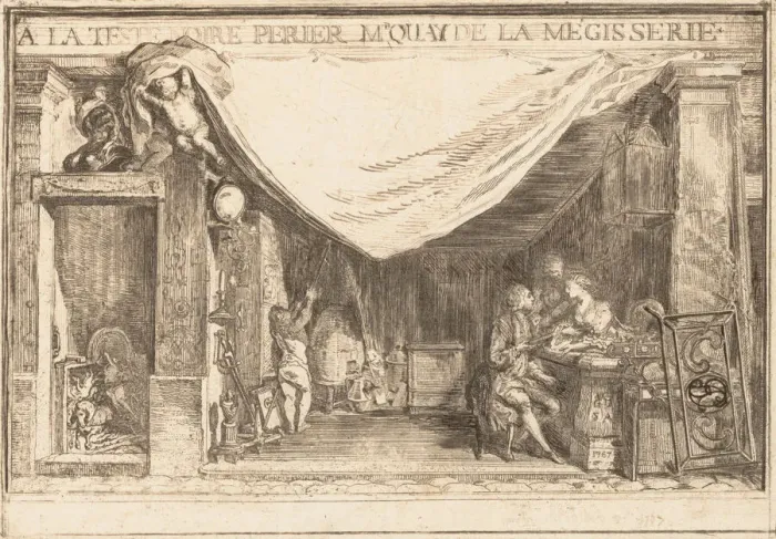 Framed Print : The Shop of M. Perier, Ironwork Merchant, 1767. Creator: Gabriel de Saint-Aubin Framed Print : The Shop of M. Perier, Ironwork Merchant, 1767. Creator: Gabriel de Saint-Aubin