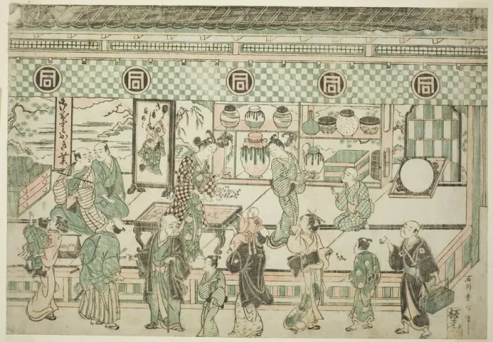 Framed Print : The Shop of Sanogawa Ichimatsu, c. 1743. Creator: Ishikawa Toyonobu Framed Print : The Shop of Sanogawa Ichimatsu, c. 1743. Creator: Ishikawa Toyonobu