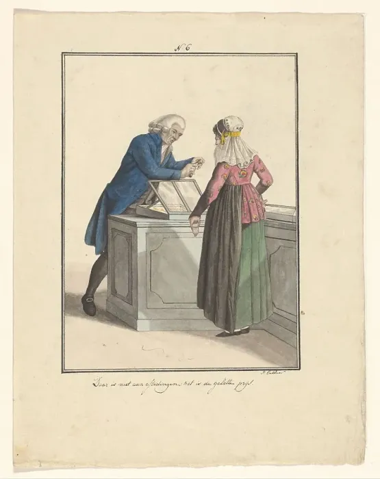 Framed Print : Shopkeeper of the Moravian Church with a customer, 1803-c.1899. Creator: J. Enklaar Framed Print : Shopkeeper of the Moravian Church with a customer, 1803-c.1899. Creator: J. Enklaar