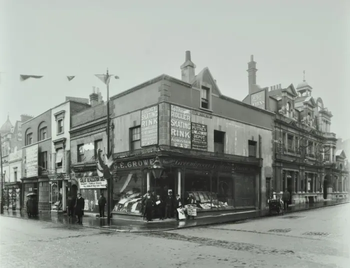 Framed Print : Shops and sign to Putney Roller Skating Rink, Putney Bridge Road, London, 1911 Framed Print : Shops and sign to Putney Roller Skating Rink, Putney Bridge Road, London, 1911