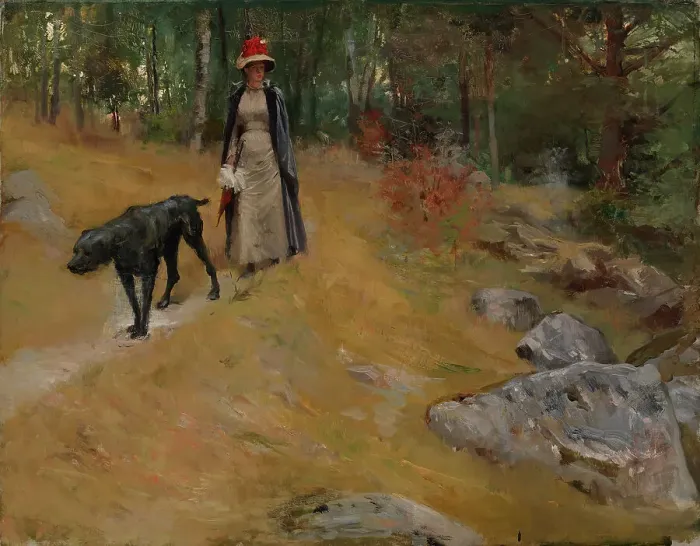Framed Print : On the Shore Bank (Annie Edelfelt with a Dog), c1883. Creator: Albert Edelfelt