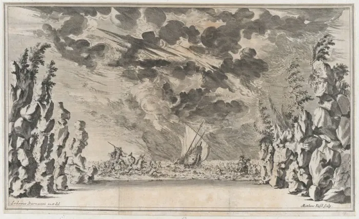 Framed Print : A shore framed by rocks, with Neptune in his chariot on the left and Salacia in hers on th... 1668. Creator: Mathaus Küsel Framed Print : A shore framed by rocks, with Neptune in his chariot on the left and Salacia in hers on th... 1668. Creator: Mathaus Küsel