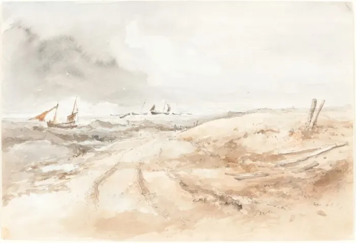 Framed Print : Shore Scene with Boats in Choppy Water, first half 19th century. Creator: Unknown Framed Print : Shore Scene with Boats in Choppy Water, first half 19th century. Creator: Unknown