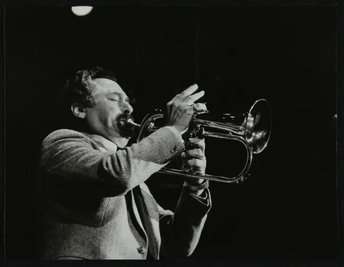 Framed Print : Shorty Rogers playing the flugelhorn, Hemel Hempstead, Hertfordshire, 1983. Artist Framed Print : Shorty Rogers playing the flugelhorn, Hemel Hempstead, Hertfordshire, 1983. Artist