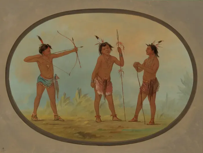 Framed Print : Three Shoshonee Warriors Armed for War, 1861 / 1869. Creator: George Catlin Framed Print : Three Shoshonee Warriors Armed for War, 1861 / 1869. Creator: George Catlin