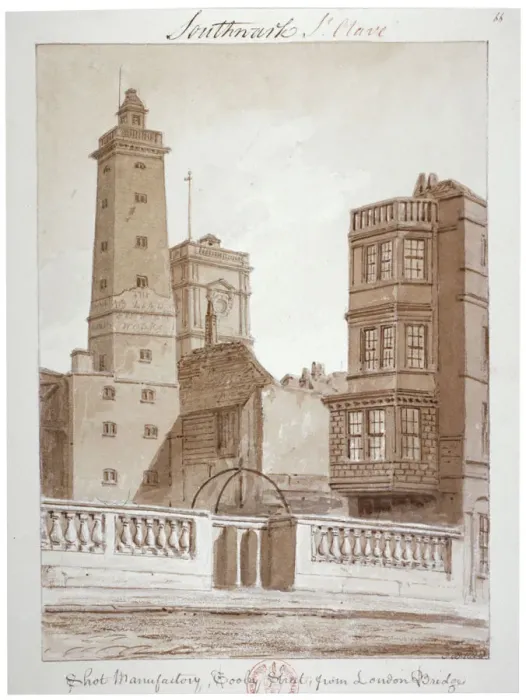 Framed Print : Shot Manufactory, Tooley Street, from London Bridge, Bermondsey, London, 1828 Framed Print : Shot Manufactory, Tooley Street, from London Bridge, Bermondsey, London, 1828