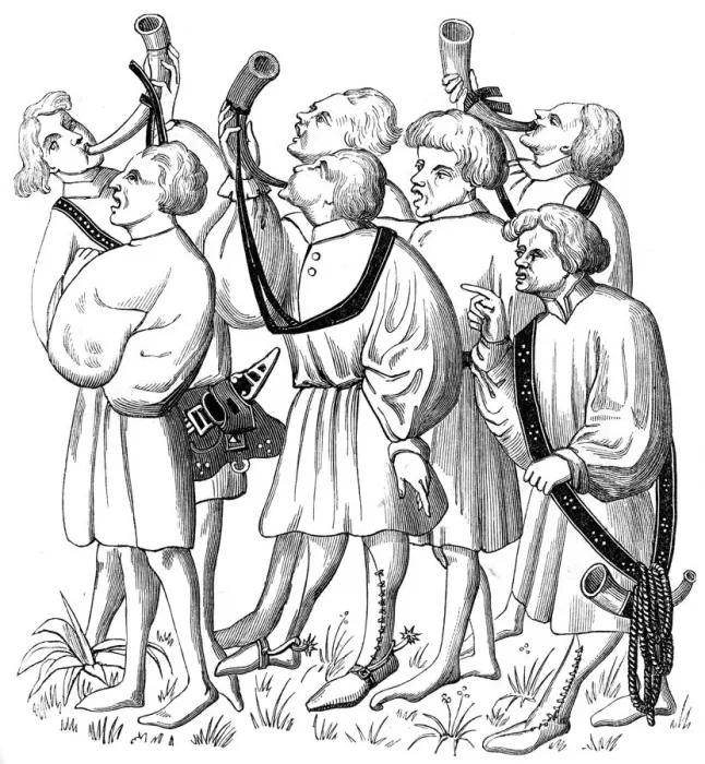 Framed Print : How to shout and blow horns, 15th century (1849) Framed Print : How to shout and blow horns, 15th century (1849)