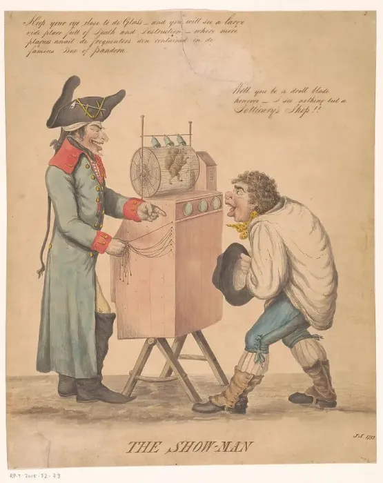 Framed Print : The Show-man, 1799. Creator: Monogrammist J.A Framed Print : The Show-man, 1799. Creator: Monogrammist J.A