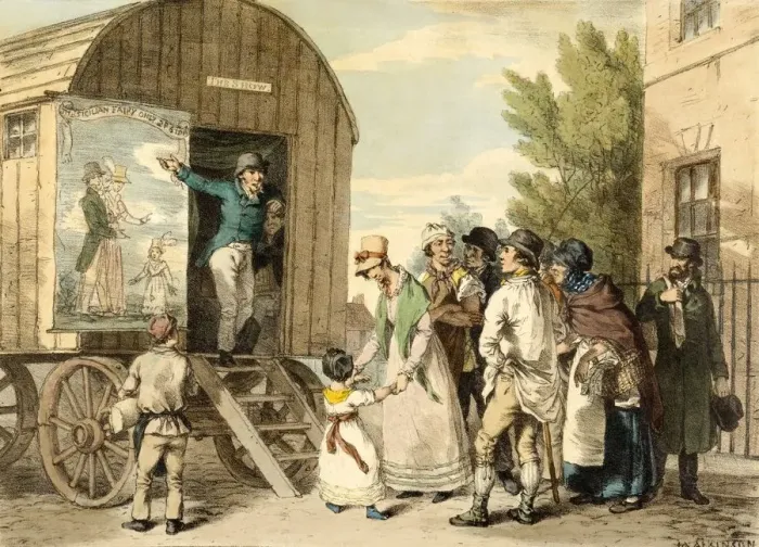 Framed Print : The Show, pub. c1821. Creator: John Augustus Atkinson (1775 - 1831) after Framed Print : The Show, pub. c1821. Creator: John Augustus Atkinson (1775 - 1831) after
