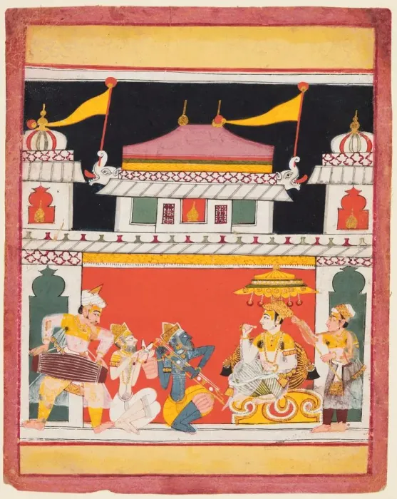 Framed Print : Shri Raga, from a Ragamala series; Three musicians perform before a noble, c. 1650 Framed Print : Shri Raga, from a Ragamala series; Three musicians perform before a noble, c. 1650