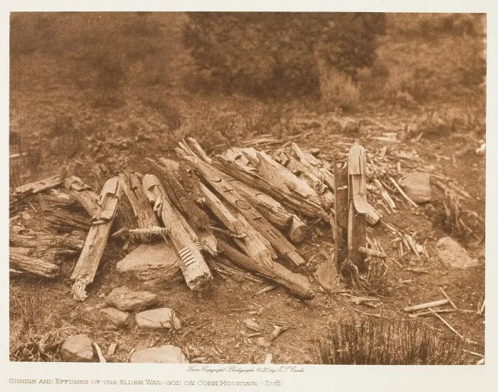 Framed Print : Shrine and Effigies of the Elder War-God on Corn Mountain-Zuni, 1925. Creator: Edward Sheriff Curtis Framed Print : Shrine and Effigies of the Elder War-God on Corn Mountain-Zuni, 1925. Creator: Edward Sheriff Curtis
