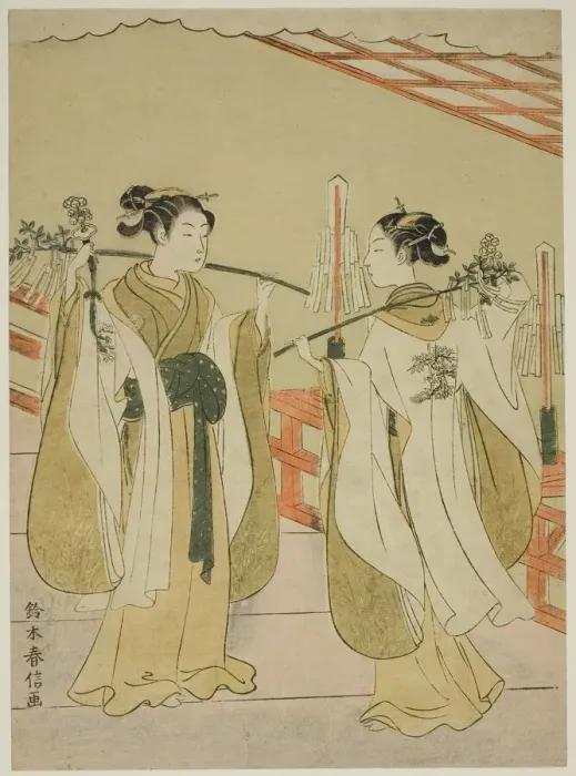 Framed Print : Shrine Maidens Onami and Ohatsu Dancing at Yushima Tenjin Shrine, c. 1769