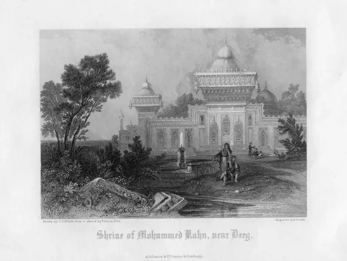 Framed Print : Shrine of Mohummed Kahn, near Deeg, Rajasthan, India, mid 19th century. Artist: E Finden Framed Print : Shrine of Mohummed Kahn, near Deeg, Rajasthan, India, mid 19th century. Artist: E Finden