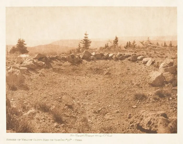 Framed Print : Shrine of Yellow Cloud Man on Tsikumu-Tewa, 1925. Creator: Edward Sheriff Curtis Framed Print : Shrine of Yellow Cloud Man on Tsikumu-Tewa, 1925. Creator: Edward Sheriff Curtis