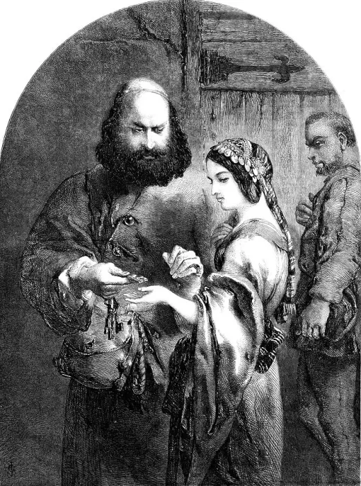 Framed Print : Shylock and Jessica - drawn by John Gilbert, 1854. Creator: Unknown. Shylock and Jessica - drawn by John Gilbert, 1854. Creator: Unknown Framed Print : Shylock and Jessica - drawn by John Gilbert, 1854. Creator: Unknown. Shylock and Jessica - drawn by John Gilbert, 1854. Creator: Unknown