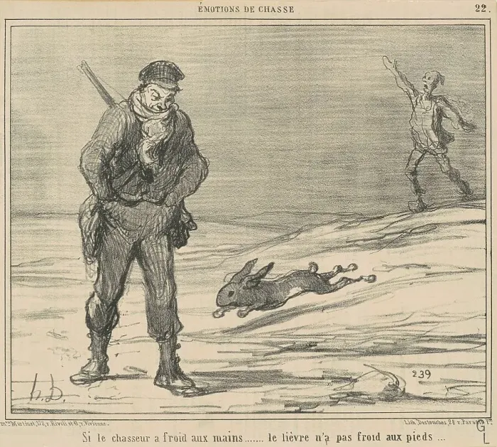 Framed Print : Si le chasseur a froid aux mains...le lièvre n'a pas froid aux pieds... 19th century. Creator: Honore Daumier Framed Print : Si le chasseur a froid aux mains...le lièvre n'a pas froid aux pieds... 19th century. Creator: Honore Daumier