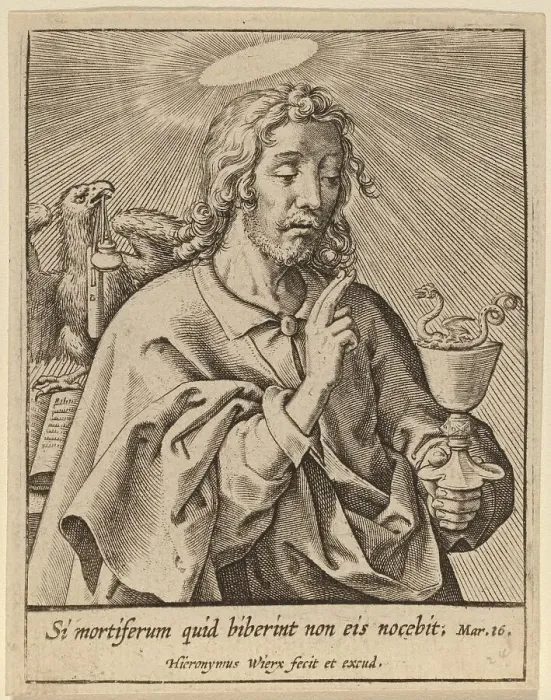 Framed Print : Si mortiferum quid biberint... (Saint John the Evangelist). Creator: Hieronymous Wierix Framed Print : Si mortiferum quid biberint... (Saint John the Evangelist). Creator: Hieronymous Wierix