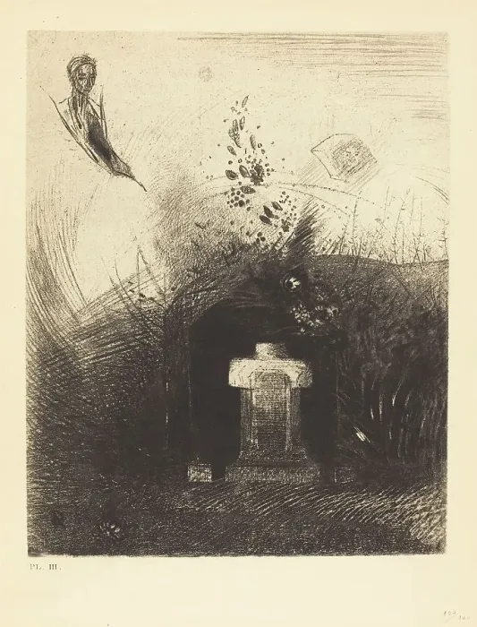 Framed Print : Si par une nuit lourde et sombre, un bon chretien, par charite, derriere quelque vieux... 1890. Creator: Odilon Redon Framed Print : Si par une nuit lourde et sombre, un bon chretien, par charite, derriere quelque vieux... 1890. Creator: Odilon Redon