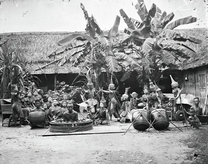 Framed Print : Siam (Thailand): a khon (masked dance drama) and lakhon (acting) troupe, 1865. Creator: John Thomson Framed Print : Siam (Thailand): a khon (masked dance drama) and lakhon (acting) troupe, 1865. Creator: John Thomson