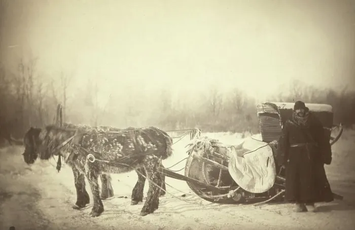 Framed Print : A Siberian posting sledge on a cold morning, with GK [ie, George Kennan]... between 1885 and 86. Creator: George Albert Frost