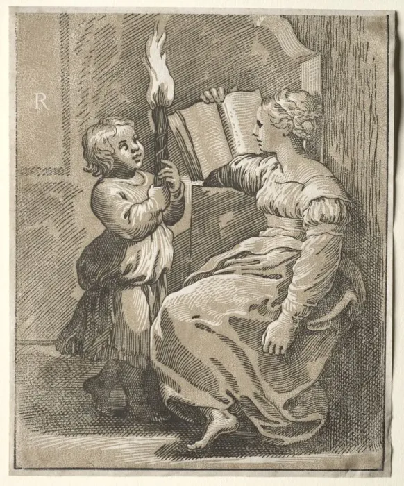 Framed Print : Sibyl Reading with a Child Holding a Torch, 1518-27. Creator: Ugo da Carpi (Italian, c Framed Print : Sibyl Reading with a Child Holding a Torch, 1518-27. Creator: Ugo da Carpi (Italian, c