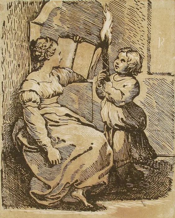 Framed Print : Sibyl Reading, Lighted by Child with a Torch, between circa 1520 and circa 1527. Creator: Ugo da Carpi